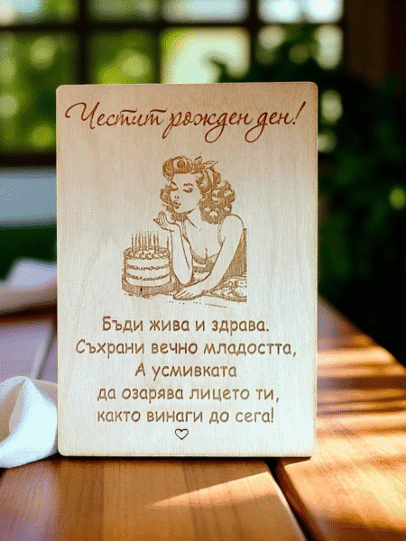 Дървена картичка за рожден ден на жена Вариант 2