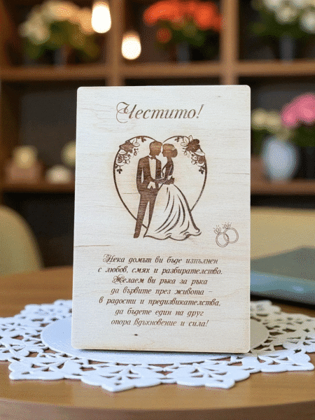 Дървена картичка за сватба Вариант 2