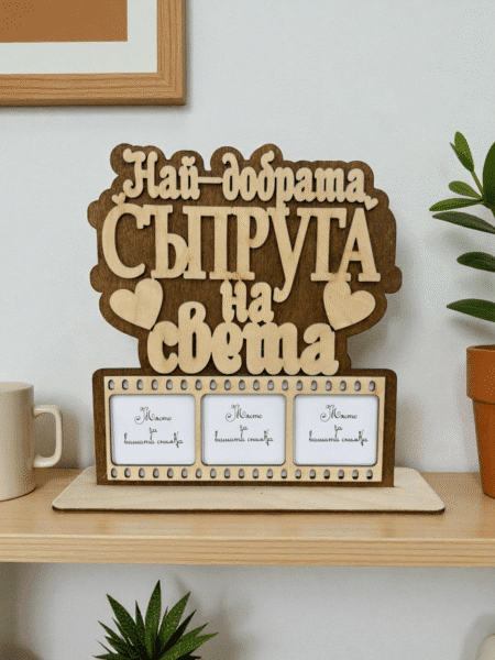 Дървен плакет със снимки „Най-добрата съпруга“ – персонален подарък за жена